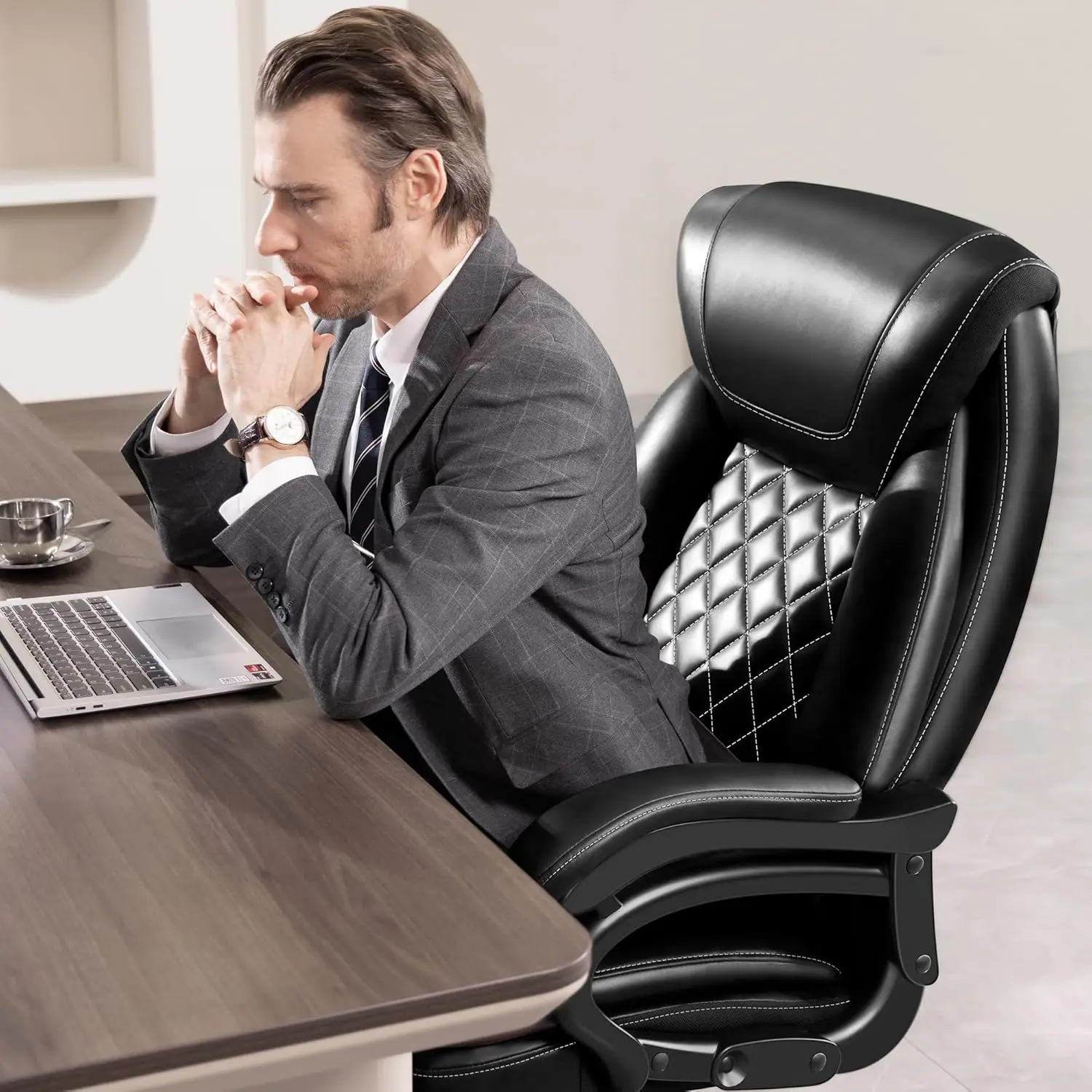 Heavy Duty Large PU Leather Executive Desk Chair with Wide Seat, Adjustbale Ergonomic Lumbar Support High Back Rocking Computer