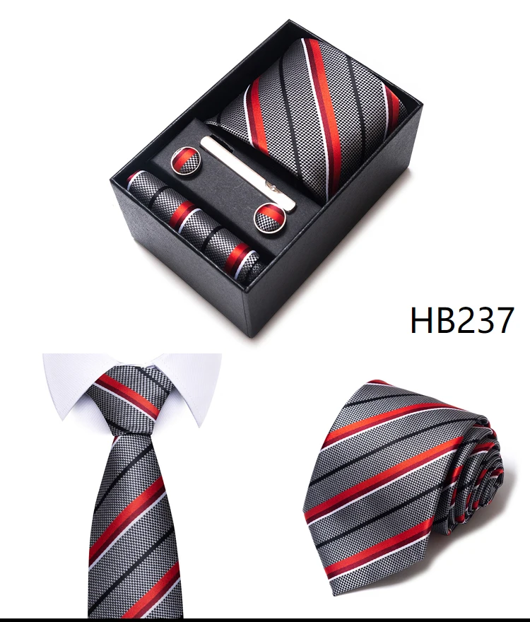 Hochwertige lila gestreifte Krawatte Taschentuch Manschettenknopf Set für Männer Krawatte Urlaub Geschenkbox Anzug Zubehör Hochzeit Gravats – Detail 15