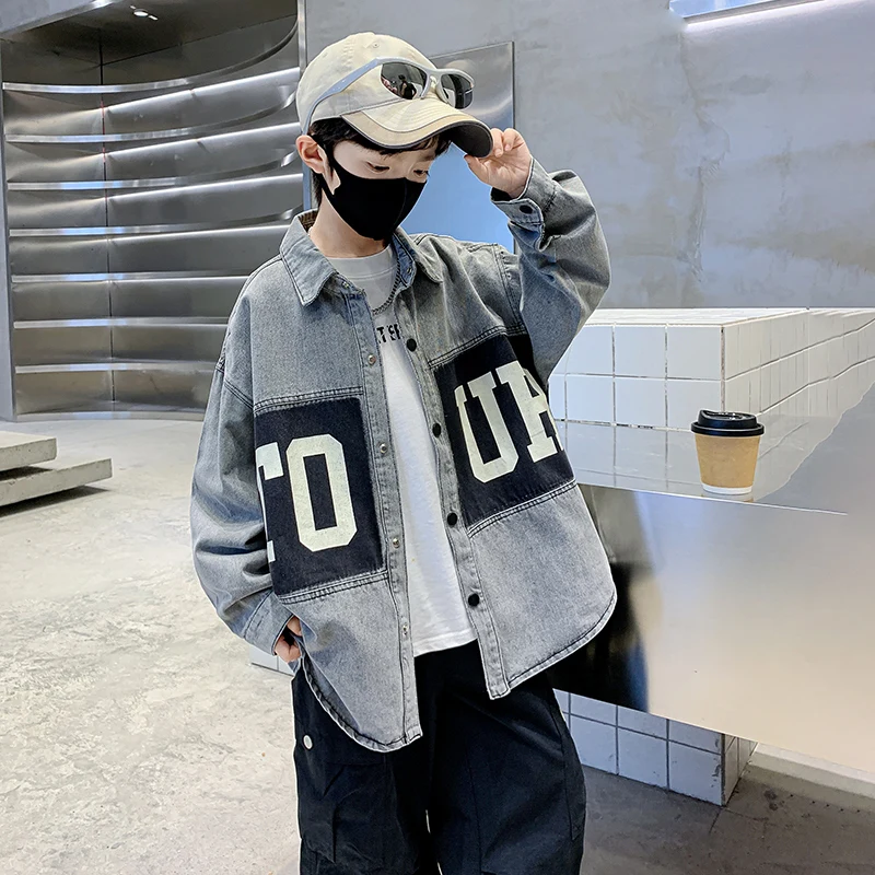 سترة جينز رمادية للأولاد لعام 2025 معطف جينز قطني غير رسمي للأطفال وصل حديثًا سترة فضفاضة للربيع والخريف للأطفال بعمر 5-14 سنة #3