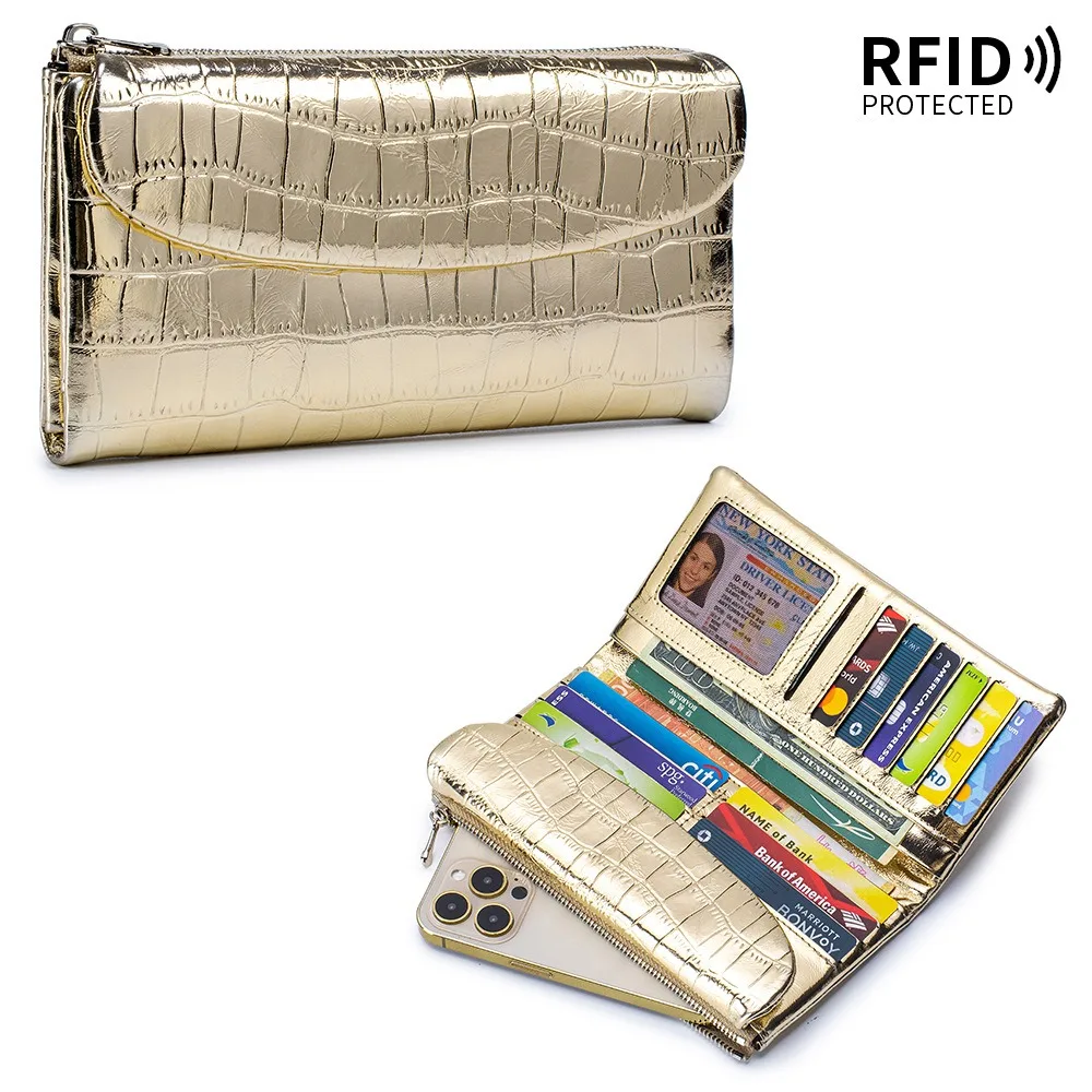 

Travel-Friendly RFID Crocodile Wallet - Multi-Slot Long Purse with Phone Pocket, Cowhide Organizer for Cards, Cash & Trips