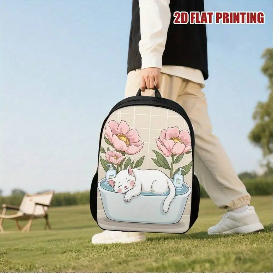 

Lightweight Polyester Backpack With Zen Cat Spa 2D Flat Print Adjustable Straps Large Capacity For Daily Use