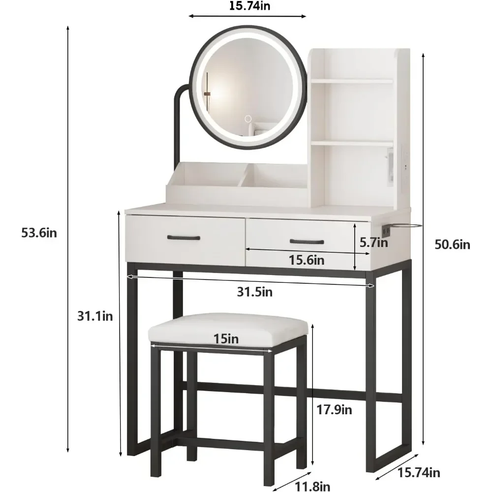 Makeup Vanity with Round Mirror and Lights, White Vanity Makeup Table with Charging Station 3 Lighting Modes, Small Vanity Table