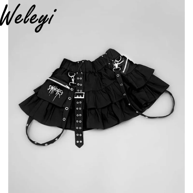 Gothic Jirai Kei Bud Strap Skirt Fashion Harajuku Department Black Faldas College Style Elastic Waist Subculture Y2K Cake Jupes