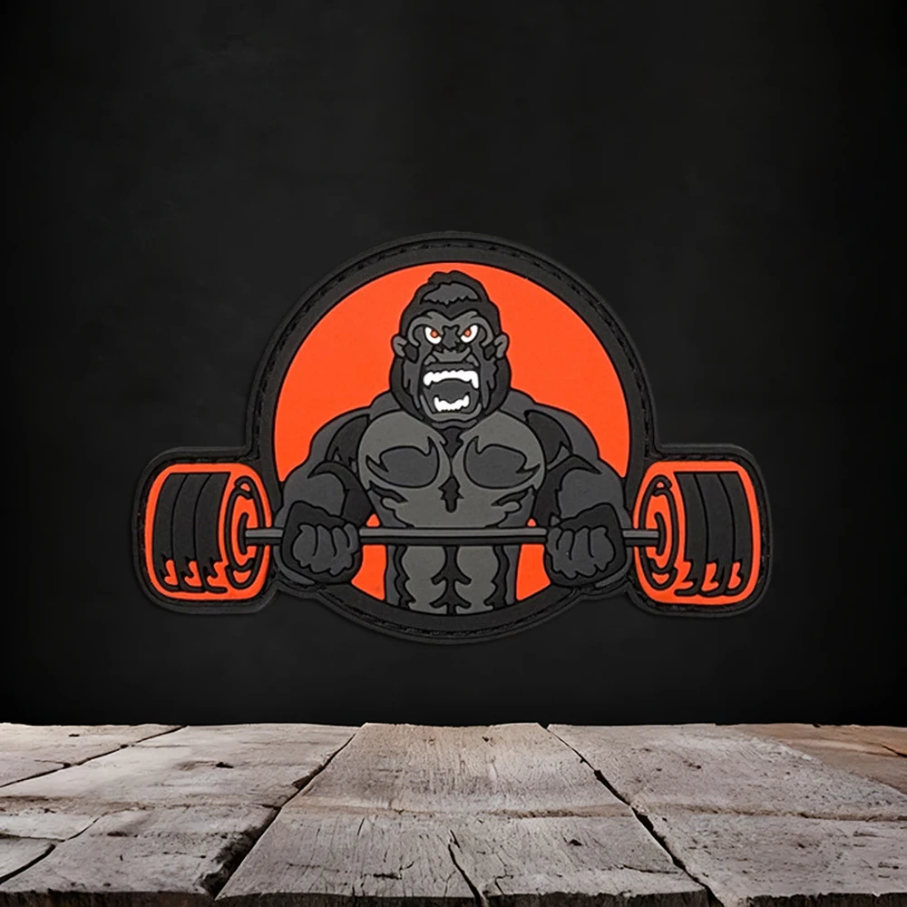 Round Fitness Gorilla Lifting Barbell Art Pattern Pvc Soft Rubber Arm Patch Personalized Patch Badge Applique Backpack Jacket Fabric DIY Decorative Accessory Arm Patch with Fleece Backing