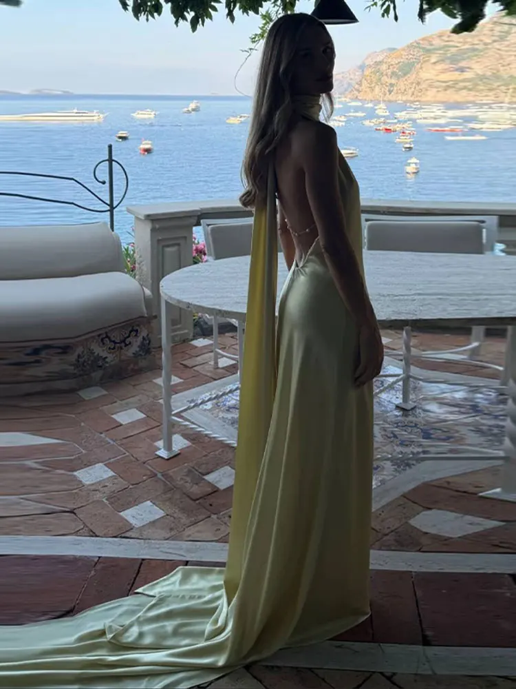Vestidos de fiesta elegantes con espalda descubierta para mujer, vestido largo sin mangas con cuello alto y cinta, novedad de verano y otoño de 2025