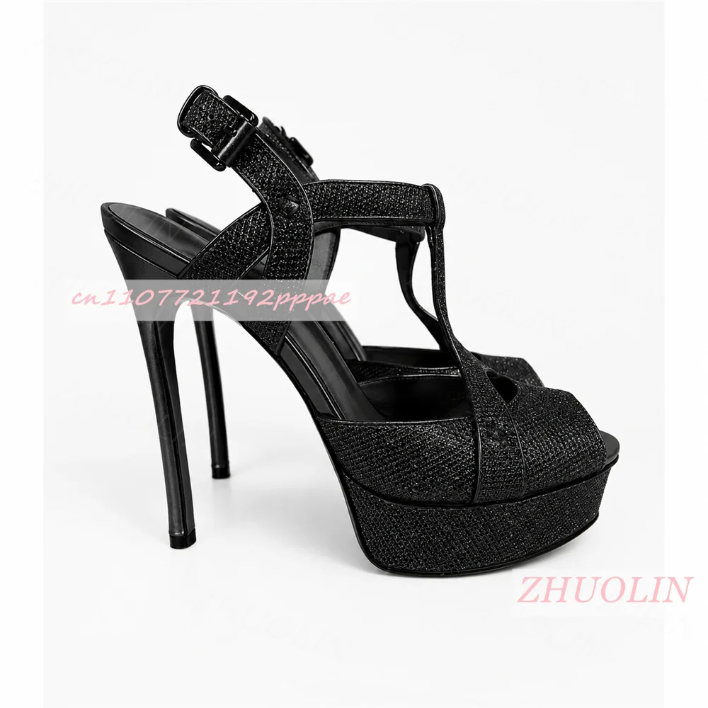 Women Peep Toe Platform Sandals Thin Stiletto Heel Gold Glitter T‑Strap Closure Ladies Wedding Party Evening High Heel Sandals