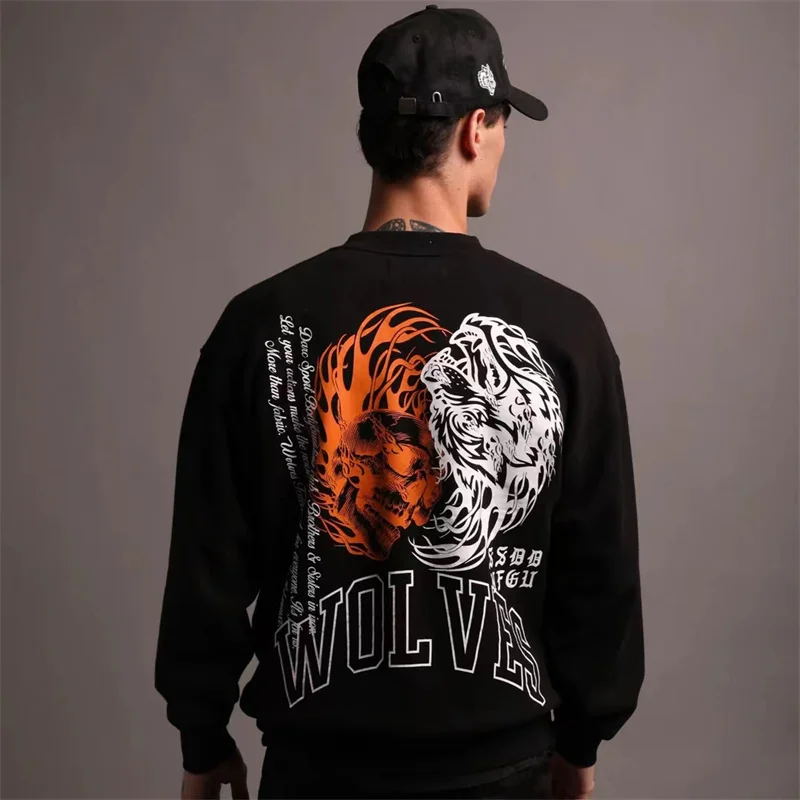 

Skull Wolves Graphics Print Autumn Winter Fleece Men'S Clothing O Neck Hoodie Streetwear Cotton Hoodies Pullover Tops