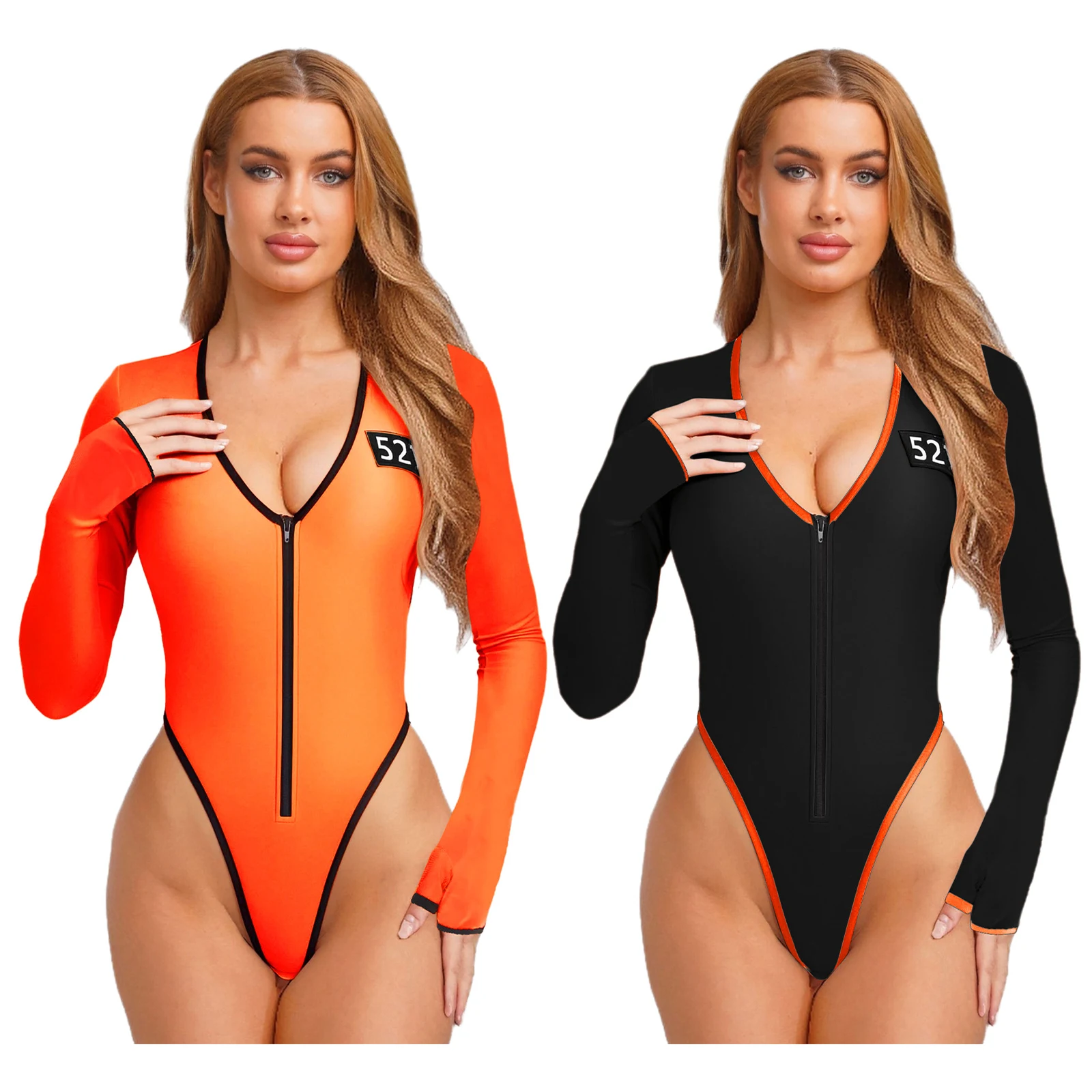 

Women Jail Prisoner Convict Cosplay High Cut Bodysuits Long Sleeve Orange Prison Jumpsuit for Themed Party Halloween Outfits