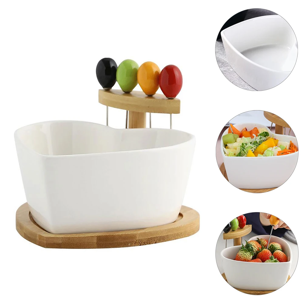 

1 set Fruit Bowl Salad Porcelain Serving Dish Heart Shape Stainless Steel Tray Wooden Kitchen Counter Dessert Plates