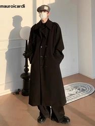 Mauroicardi Autumn Winter Long Oversized Windproof Black Warm Woolen Coat Men Sashes Double Breasted Wool Blends Overcoat 2023