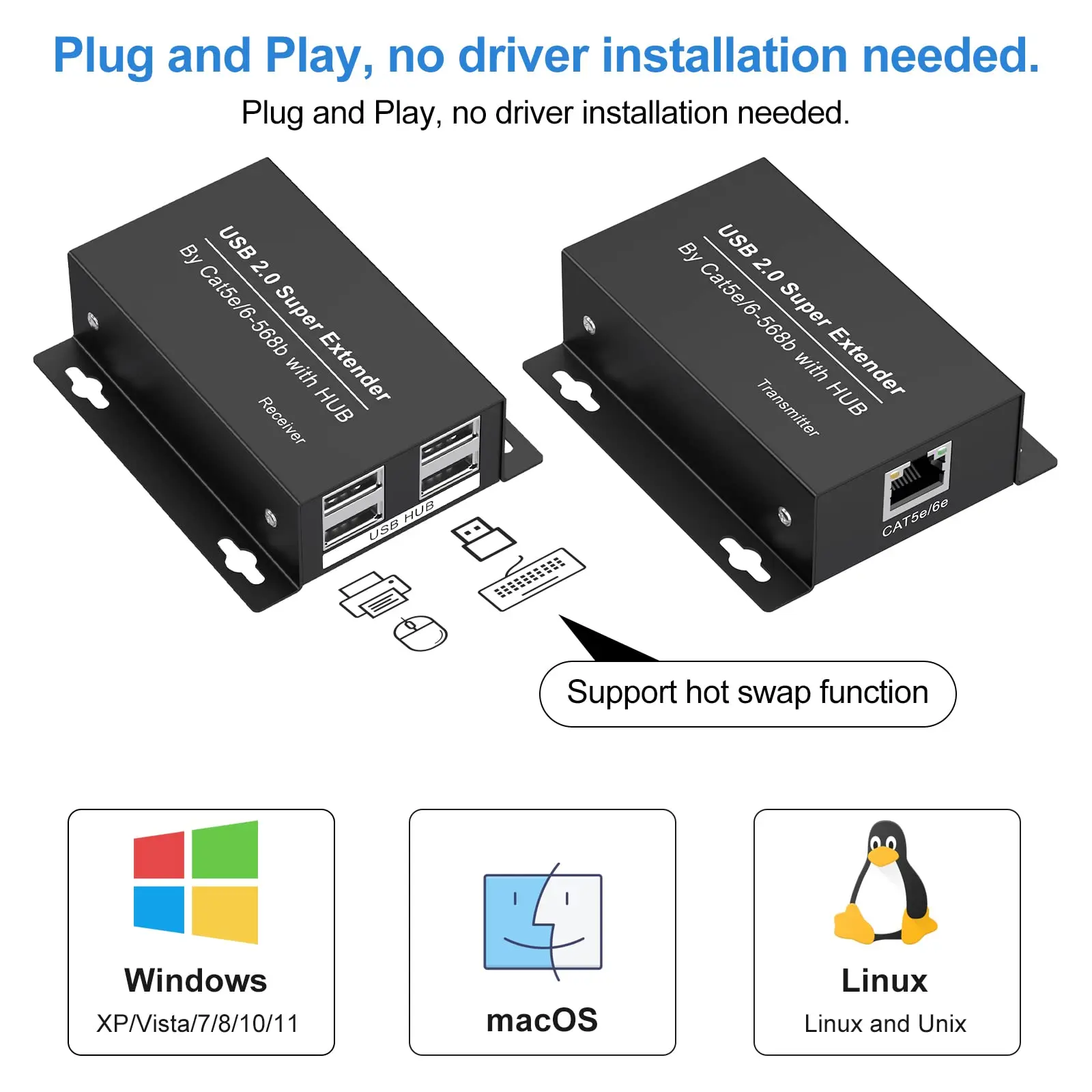 Imagem -05 - Extensor Usb 2.0 por Ethernet Portas 196 Pés 60 m Hub sobre Rj45 Cat5e até 480 Mbps Suporte para Sincronização de Trabalho com Duas Webcams Win