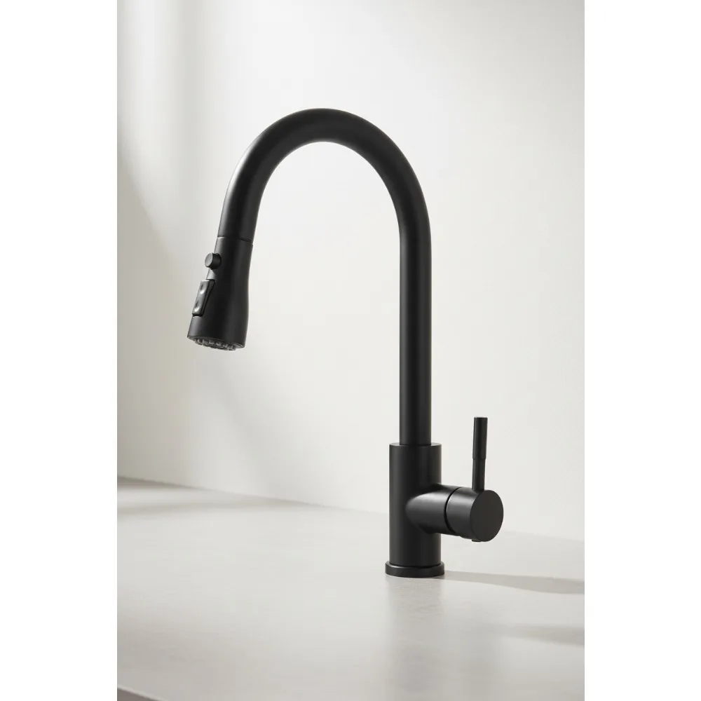 

Black Pull-Down Kitchen Faucet with Sprayer - Single Hole, Farmhouse & RV Sink, Easy DIY Install