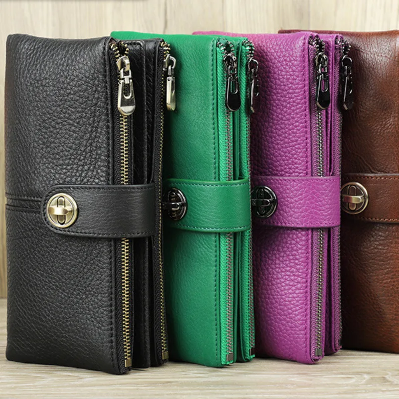 Fashion British Style Top Layer Cowhide Anti-theft Brush Discount Women's Airtag Tracker Long Buckle Cowhide Wallets Men Wallets
