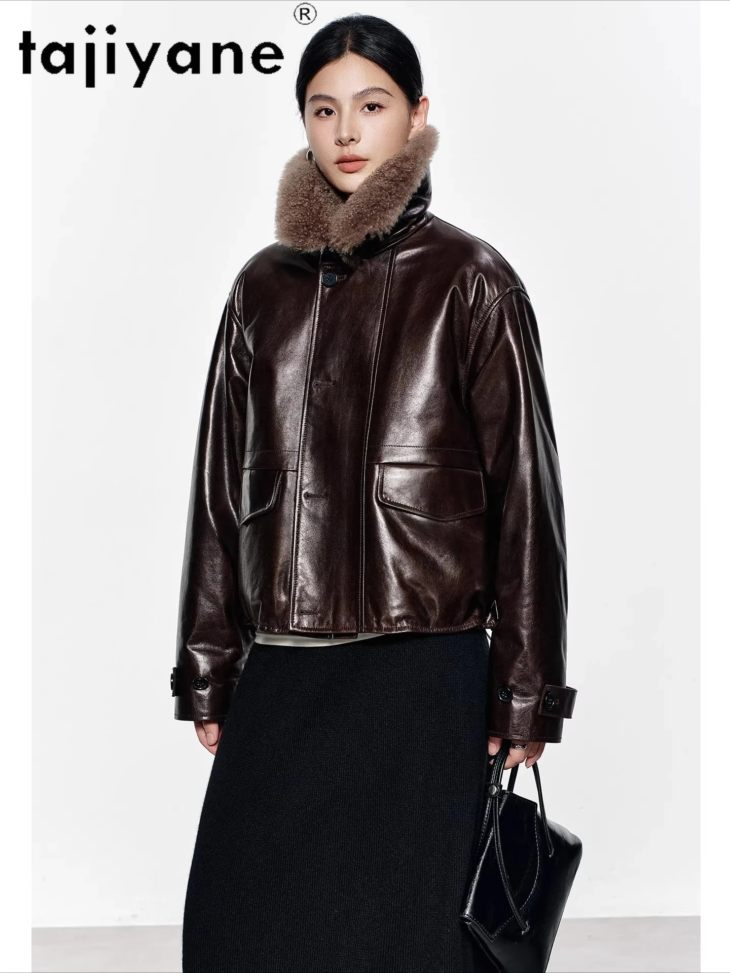 TAJIYANE Real Sheepskin Goose Down Jackets Woman Cashmere Collar Puffer Jacket Genuine Leather Coat 2025 Winter Clothes дубленка