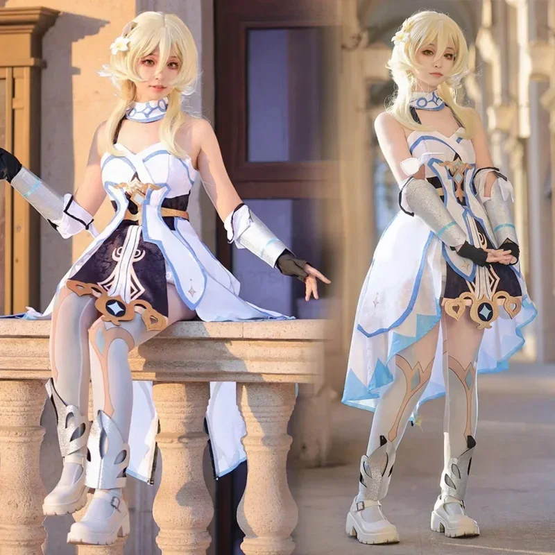 

Game Genshinimpact Traveler Lumine Cosplay Costumes Lumine Full Set Dress Headwear Stockings Wig for Halloween Anime Cosplay