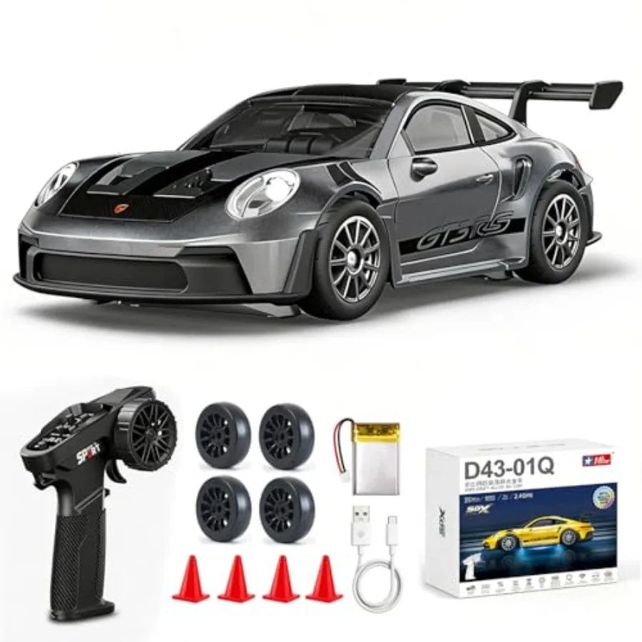 1/43 Scale RC Drift Car for Adults Hobby Use, Alloy Gray 911 Model with 2.4GHz 4WD, Gyro Stabilization LED Lights
