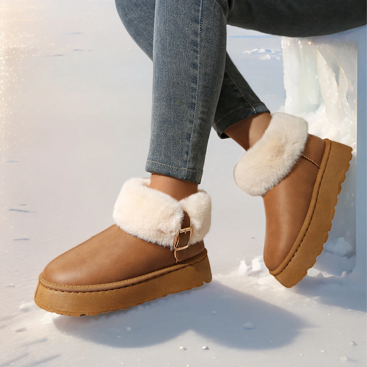 

Модные зимние прогулочные ботинки большого размера на толстой подошве с неглубоким носком, новые удобные и теплые зимние ботинки с круглым носком для женщин