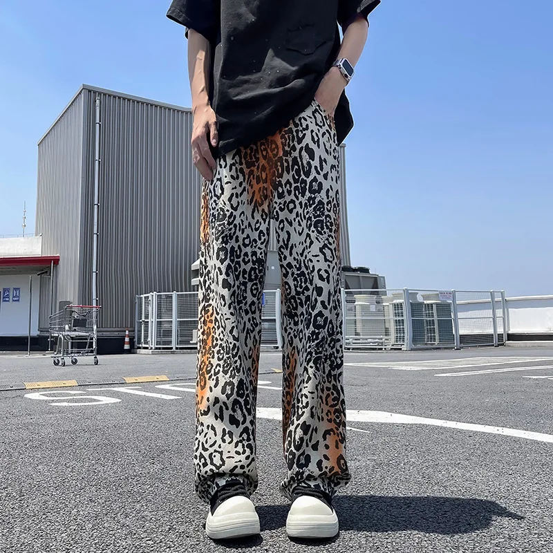 OIMG Y2K Fashion Tie Dye Leopard Baggy Jeans Pants For Men Clothes Straight Gothic Long Trousers Pantalones Hombre