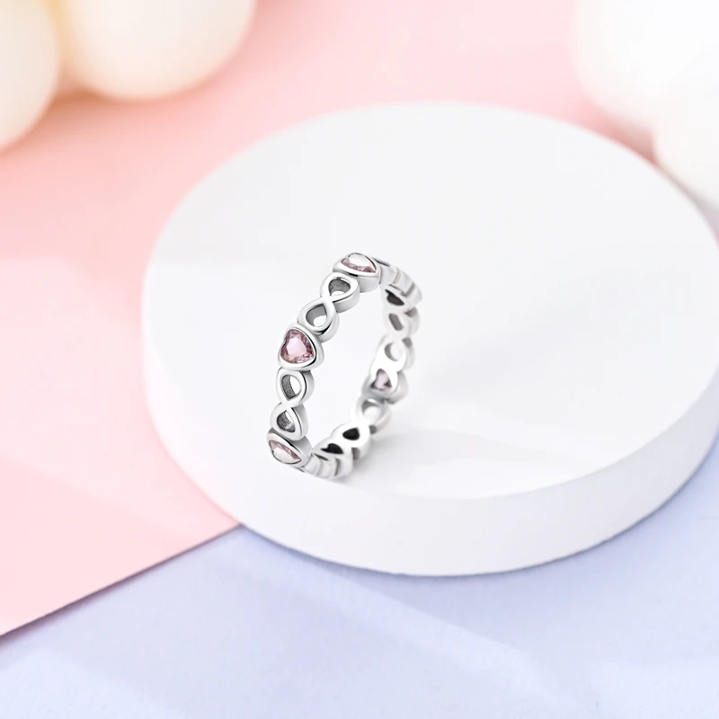 Original Women Silver Rings Sparking Pink Heart Zirconium Ring For Women Girls Engagement Jewelry Anniversary Gift