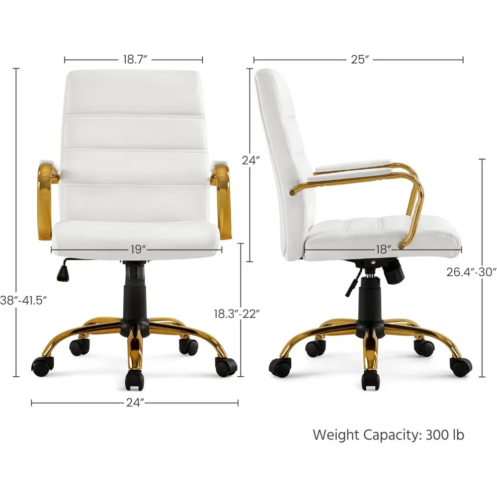 Офисный стол, регулируемый стул из искусственной кожи со средней спинкой и белым сиденьем с золотой рамой