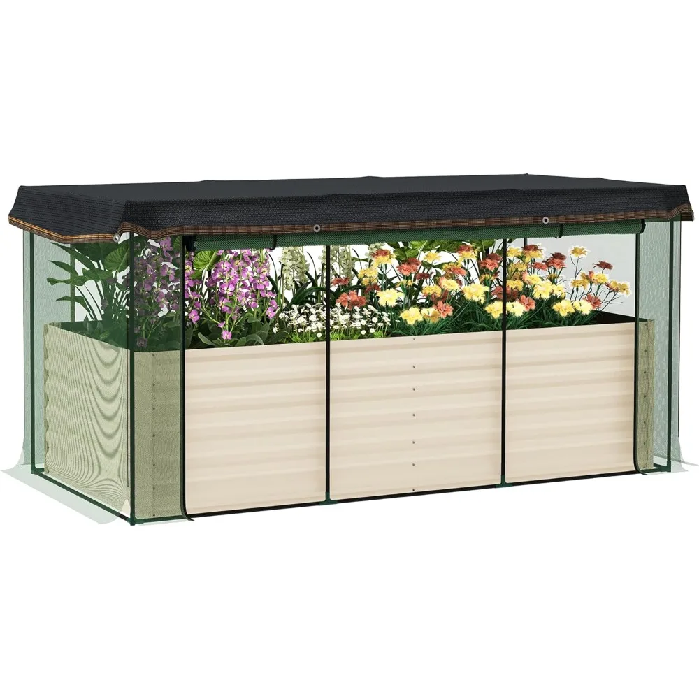 

7.3 x 3.4 x 2 ft Galvanized Raised Garden Bed with Crop Cage Plant Protection Net and Shade Cloth Roof, Metal Planter Box with