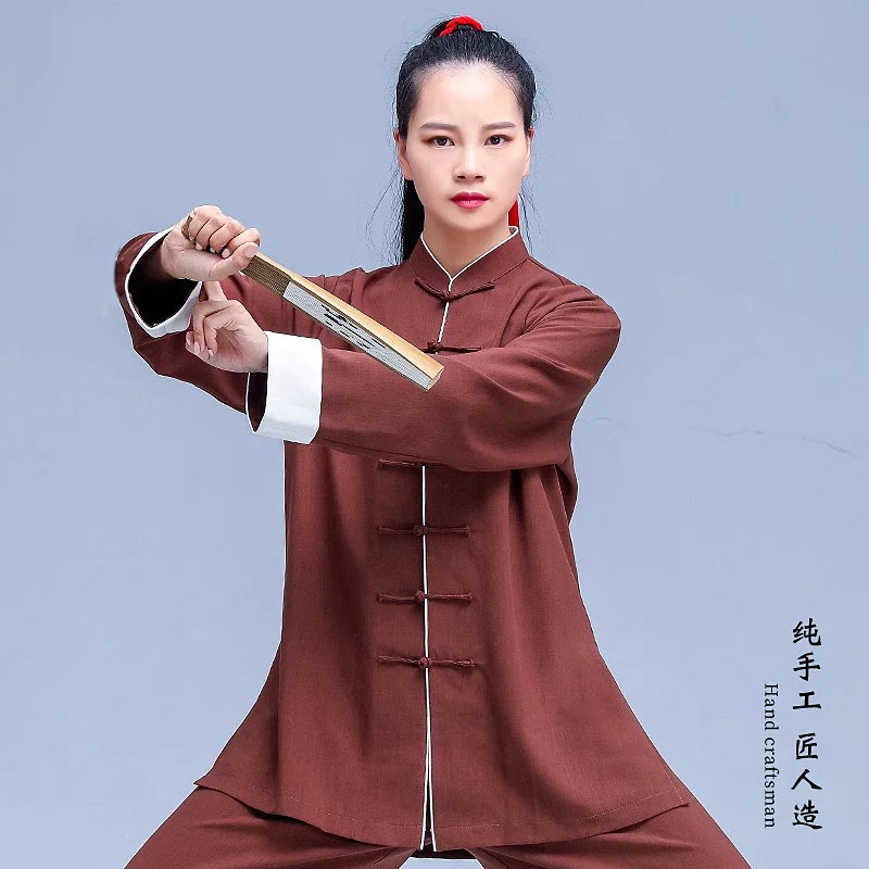 Chen Style Spring Autumn 2026 Tai Chi Outfit - Chinese Button Coffee Brown Turned Sleeve Linen Suit for Competition & Wushu Perf
