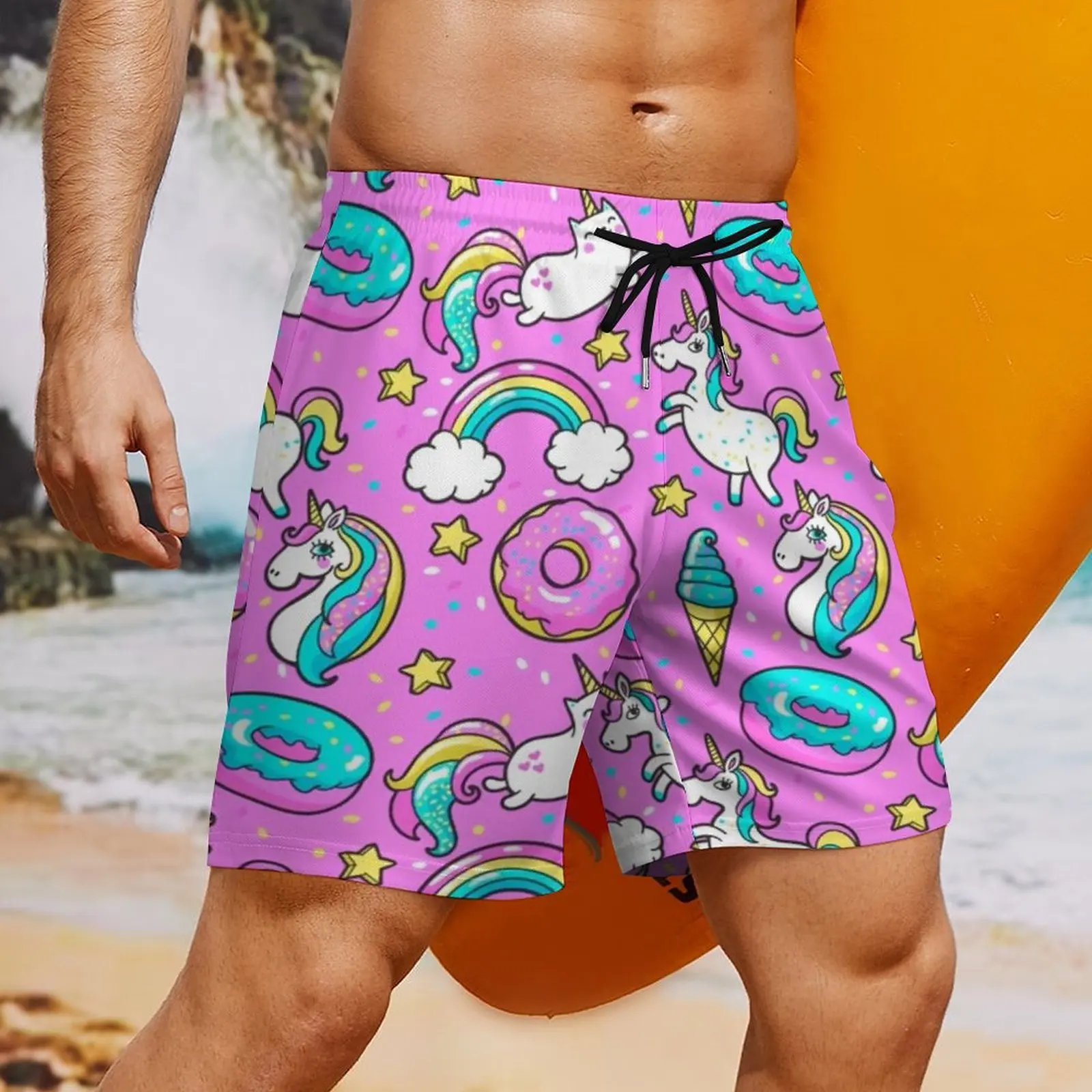 Cute Doughnut Board Compression Shorts Men Rainbow UnicornIce  Beach Pants  Quality Print Swim Trunks Large Size