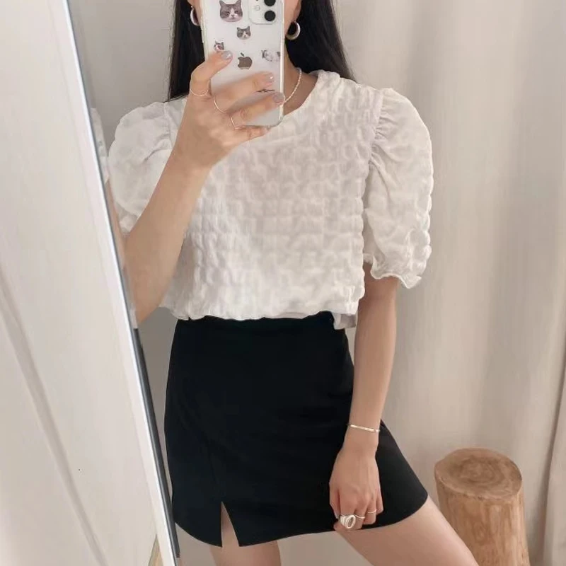 

White Loose Oversized Pullover irt Women's Summer 2023 Design Sense Bubble Texture ort Length Korean Sle round Ne