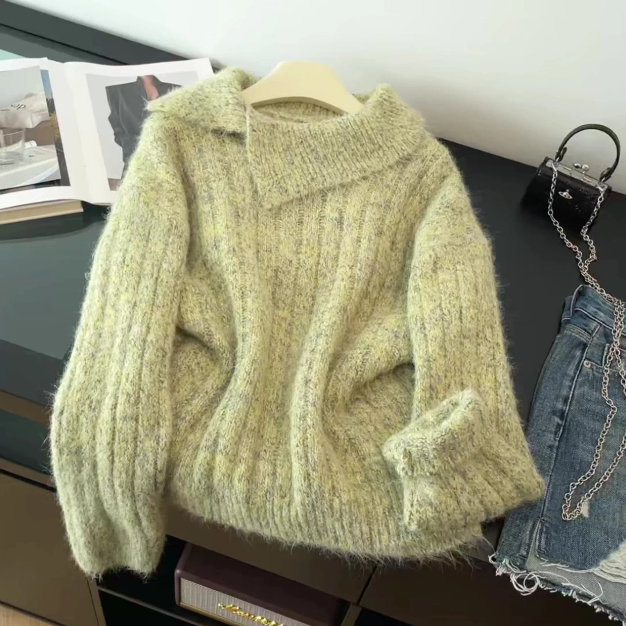 

Women's Green Striped Pullover Knit Sweater 2000s Vintage Preppy Style Long Sleeves Cozy Cashmere Sweater Clothes Spring Autumn