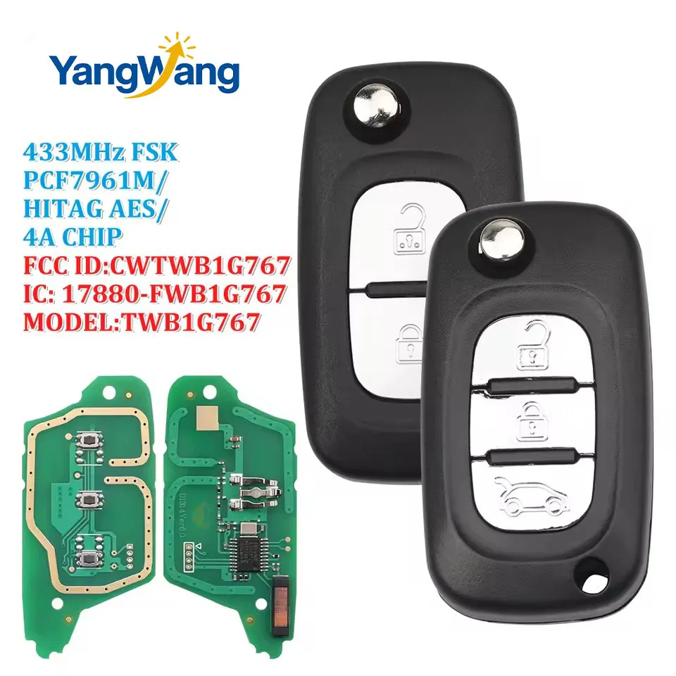 

YangWan2/3 botones 433MHz PCF7961M HITAGS AES 4A Chip llave remota para Renault Megane III Twingo CWTWB1G767 Mercedes Benz Smart