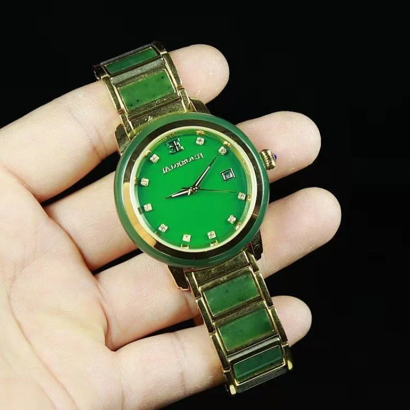 Hetian Green Jade Watch Gold Diamond with Calendar for Men and Women Couple