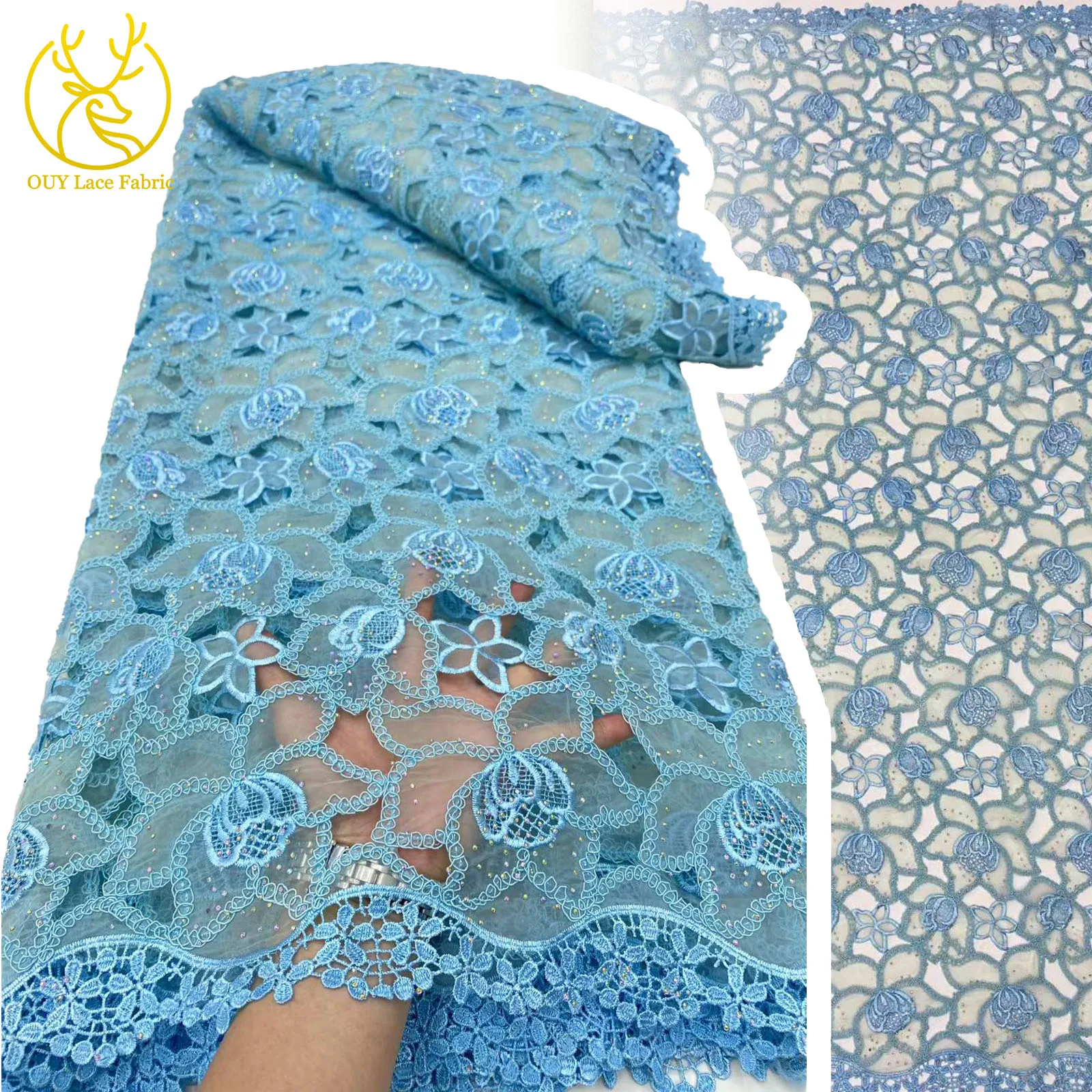 

African Water Soluble Lace Fabric 2025 High Quality Stone Rope Guipure Fabric Embroidered Lace for Women's Dinner Dresses