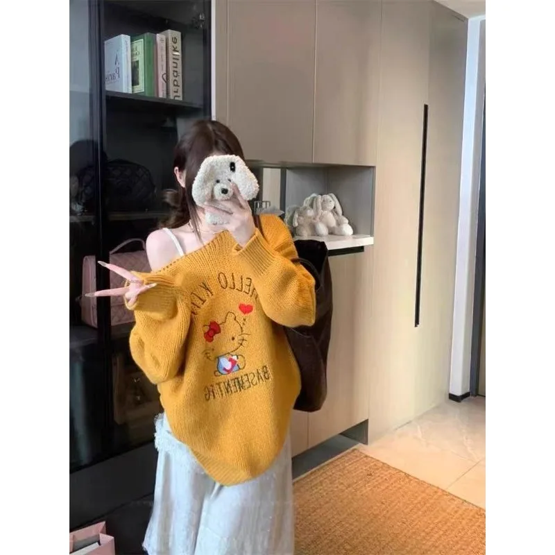 

Hello Kitty American Temperament Joker Long-sleeved Embroidered Wool Sweater Oblique Collar Off-the-shoulder Lazy Loose Top
