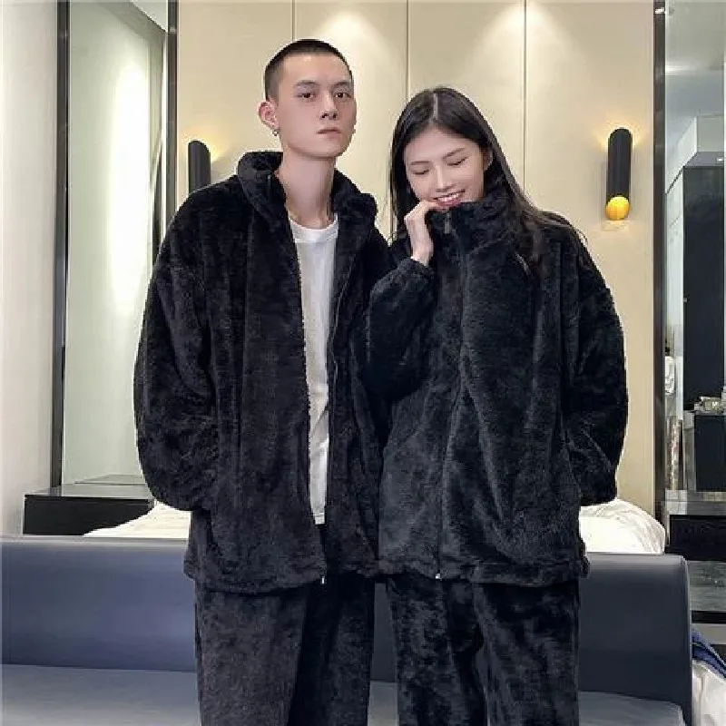 

2023 Winter Men's Warm Pajama 2Pcs/Set Thick Flannel Pyjama Women Simple Soft Fleece Pyjamas Elastic Waist Couple Sleep Homewear