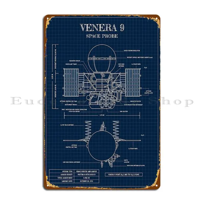 Venera 9 Space Probe Navy Blueprint Vertical Metal Plaque Poster Plates Cinema Cave Iron Party Tin Sign Poster