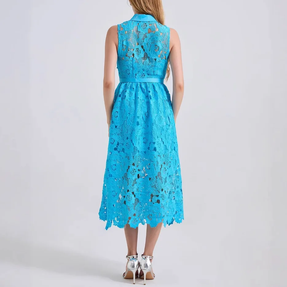 Vestidos sin mangas de encaje de ganchillo para mujer, moda de verano, sin mangas, cuello de camisa, diamantes, cinturón de un solo pecho, Vestidos por debajo de la rodilla elegantes para fiesta