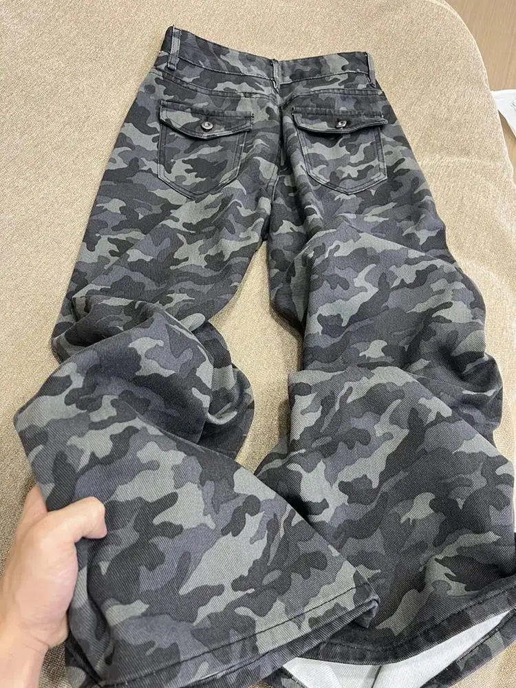 

Retro American Camouflage Workwear Jeans Hiphop Outdoor Mountain Logging Pants Washed Straight Leg Casual Loose Fit Jeans