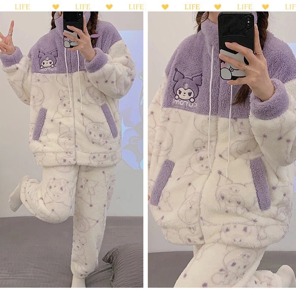 Kawaii 2Pcs Kuromi Cinnamoroll Pajama Set Winter Plush Thicken Home Clothes Sanrioed Anime Cartoon Warm Student Girl Cute Sweet