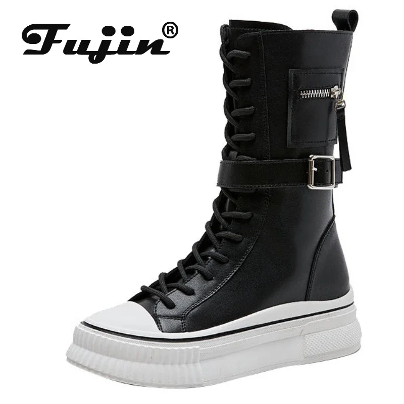 Fujin 4.5cm Microfiber Genuine Leather Platform Wedge Women Boots Ankle Spring Knee High Fashion Autumn British Boots ZIP Shoes