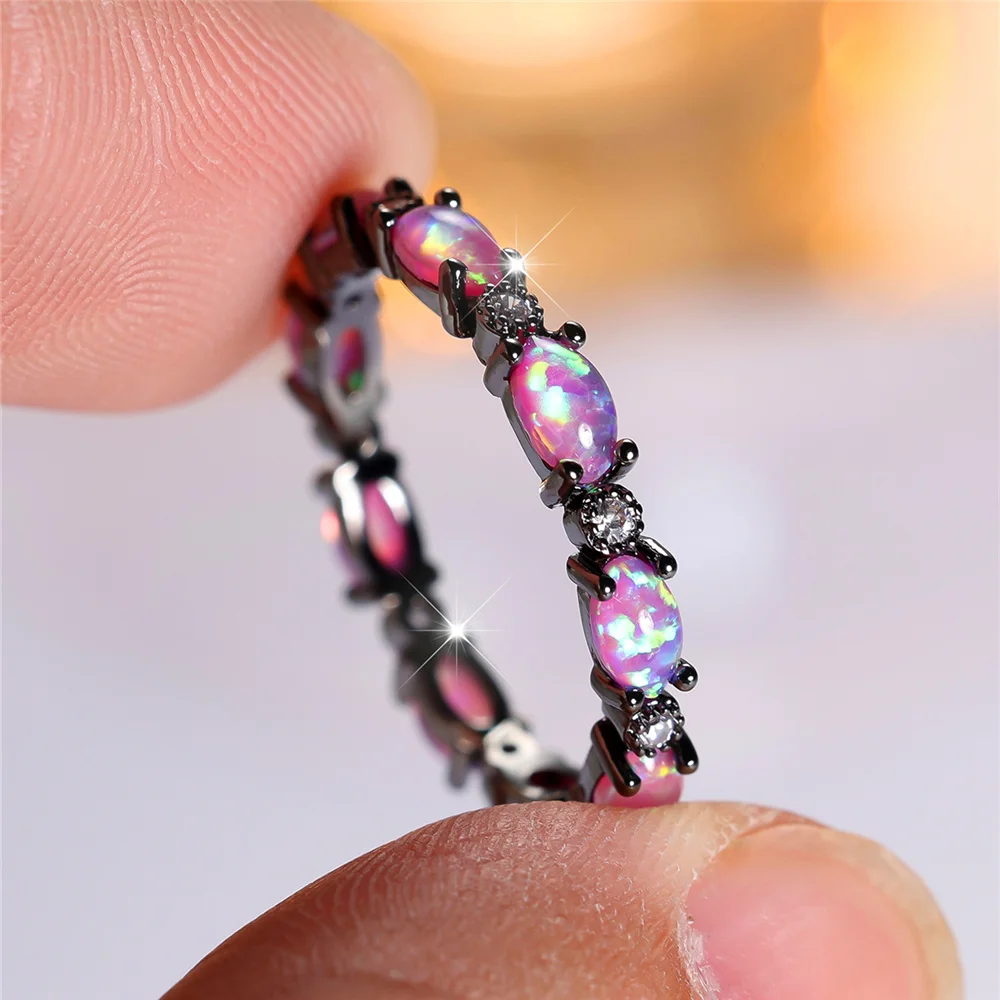 Charm Female Purple Fire Opal Stone Oval Ring Vintage Black Gold Color Wedding Jewelry For Women