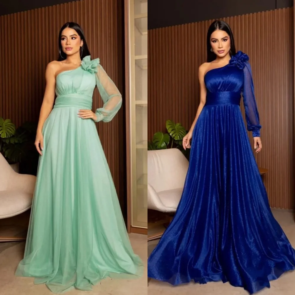 Jersey Draped Pleat Ruched Formal Evening A-line One-shoulder Bespoke Occasion Gown Long Dresses