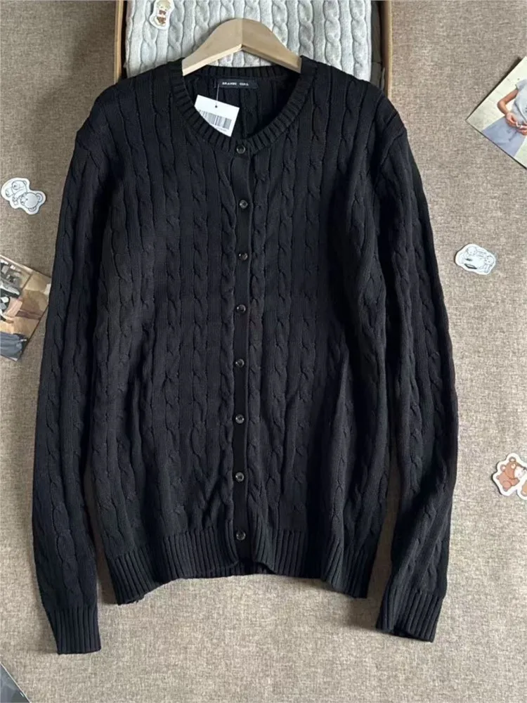 

Autumn Black Twist Button Sweater Coat Women New Streetwear Casual Slim Cotton O-neckJumper Tops Harajuku Casual Chic Cardigan