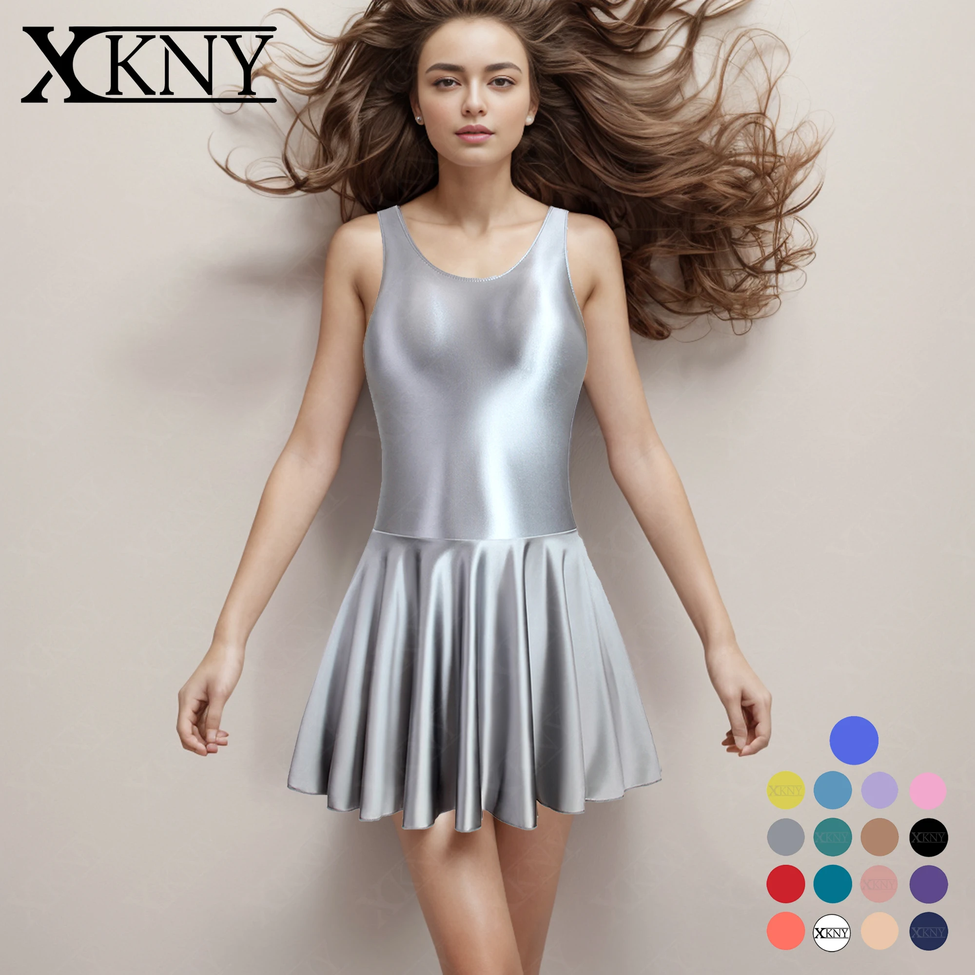 XCKNY Satin silky dress sexy tight Crew neck vest skirt  long sleeve umbrella dress glossy skirt party dress leotard Beach skirt