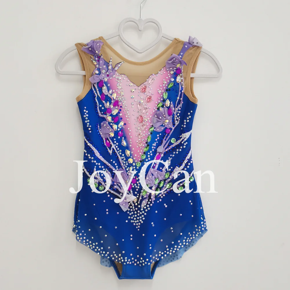 Blaue Kunstturnen-Trikots, hochelastische Spandex-Ganzanzüge, atmungsaktiv, Rhythmische Gymnastikkostüme im Diamant-Look für Damen