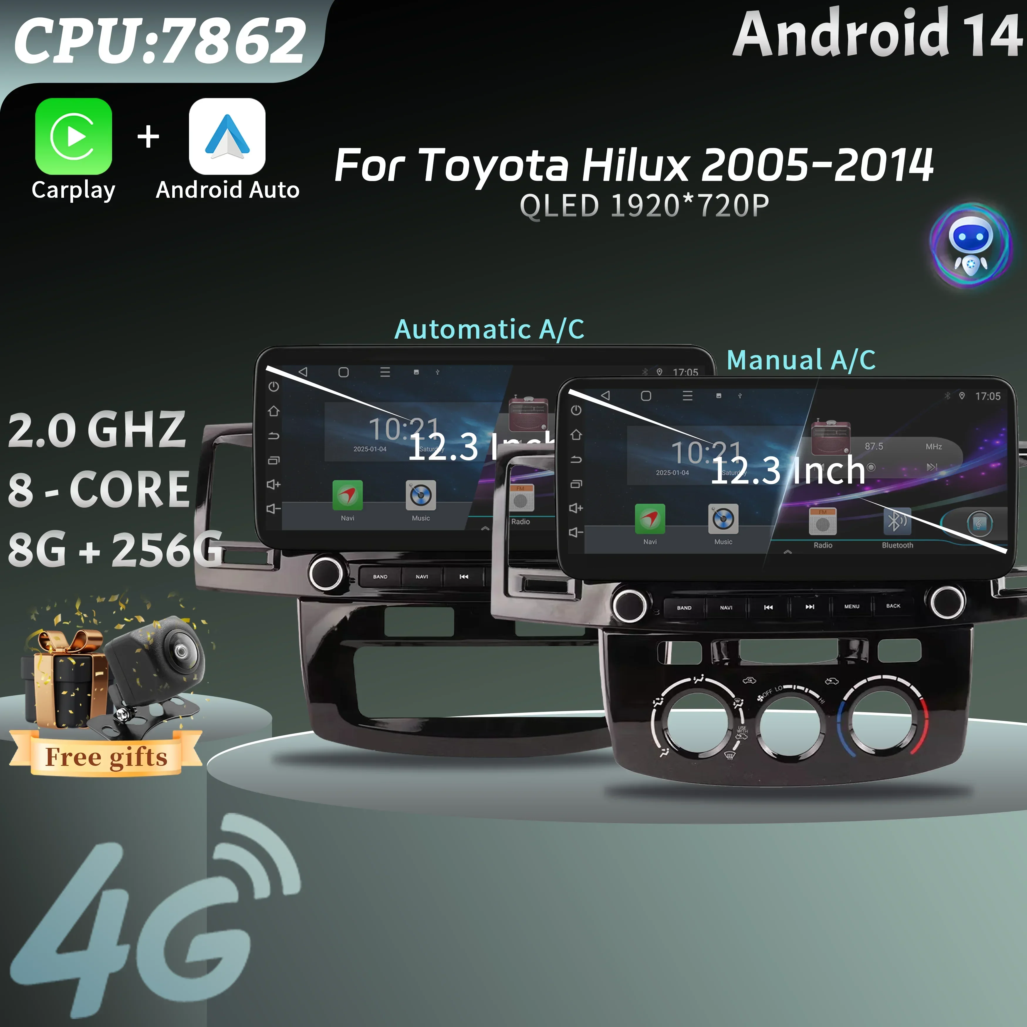 12.3″Car Radio Multimedia 4G GPS For Toyota Hilux 2005-2014 Android 15 Navigation Wireless Carplay Bluetooth Touch Screen
