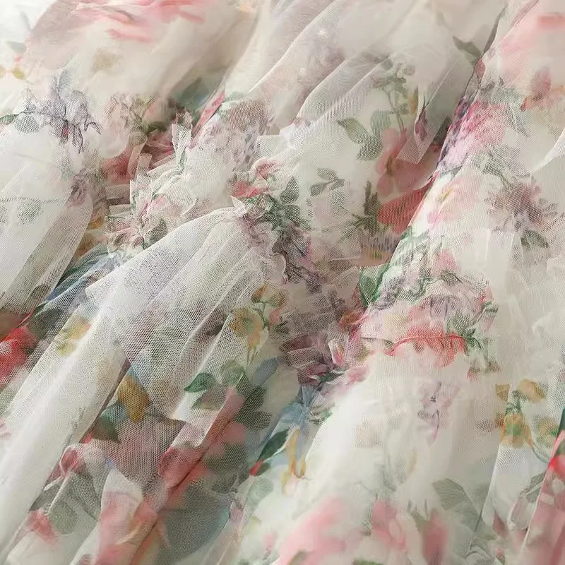 Fairy Wave Patchwork Fungas Floral Printed A-line Long Mesh TutuSkirts