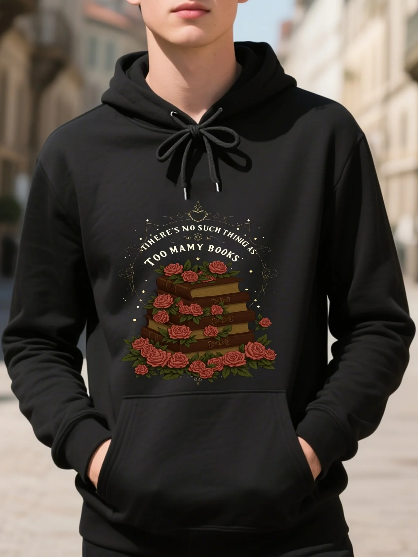 

Men's Black Hoodie with Rose 3D Print Design - Slight Stretch, Book Lover's Literary & Floral Pullover for Camping, Outdoor