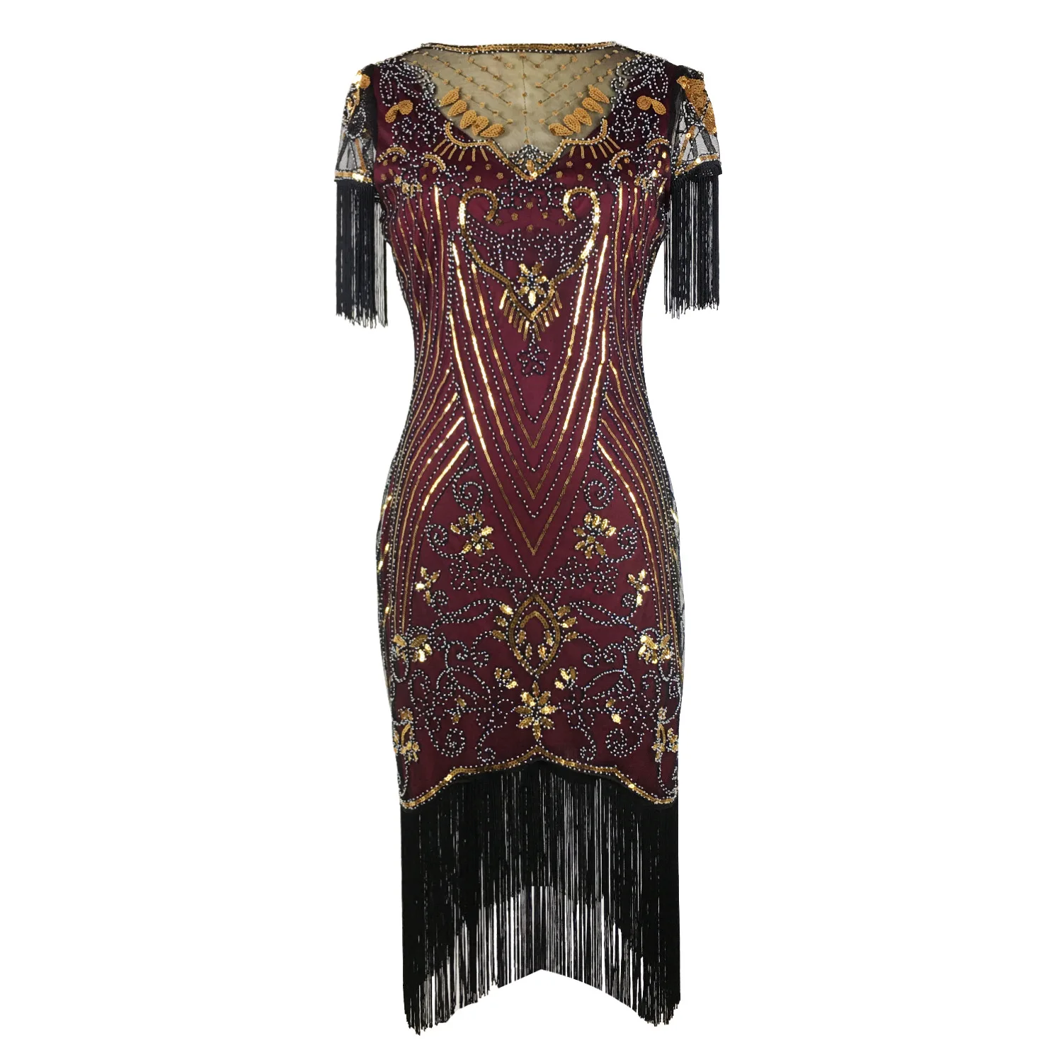 

Women V Neck 30s Flapper Dress Gatsby Charleston Deco Sequin Bead Fringe Dress Tassels Cocktail Prom 1920S Wedding Party Dress