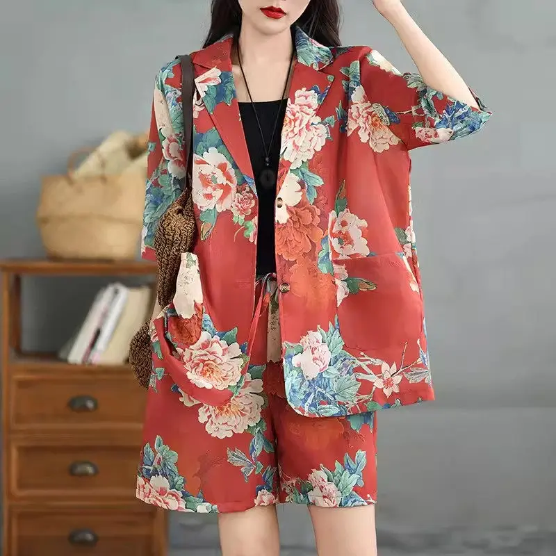 

Retro Printed Sets Womens Outfits Ramie Summer Thin Fashion Blazer Short Jacket Wide Leg Shorts Cotton Linen 2 Piece Suit K1952