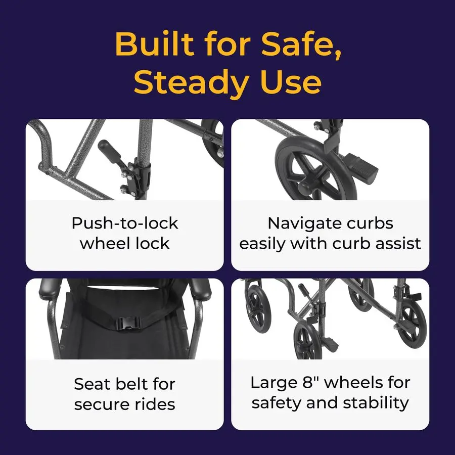 Lightweight Folding Transport Wheelchair Reliable Mobility Support Durable Steel Frame SwingAway Footrests Compact Travel Desig